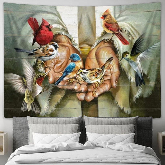 Colorful Bird, Eastern Bluebird, Hummingbird, Cardinal, Walking With Jesus Tapestry, Tapestries for Living Room Bedroom