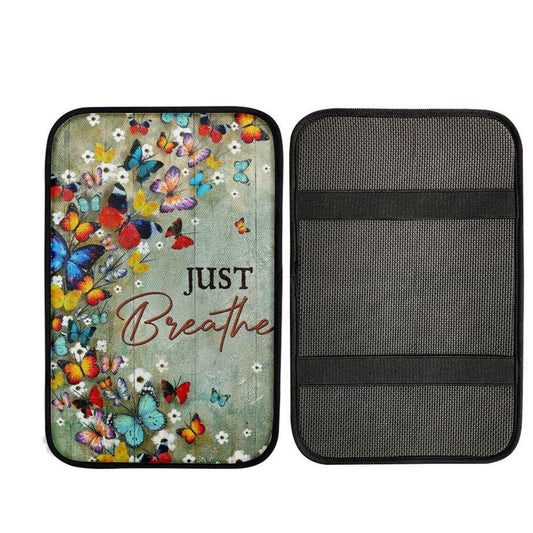 Colorful Butterflies, White Flowers, Just Breathe Car Center Console Cover, Car Armrest Pad, Christian Gift, Armrest Box Mat