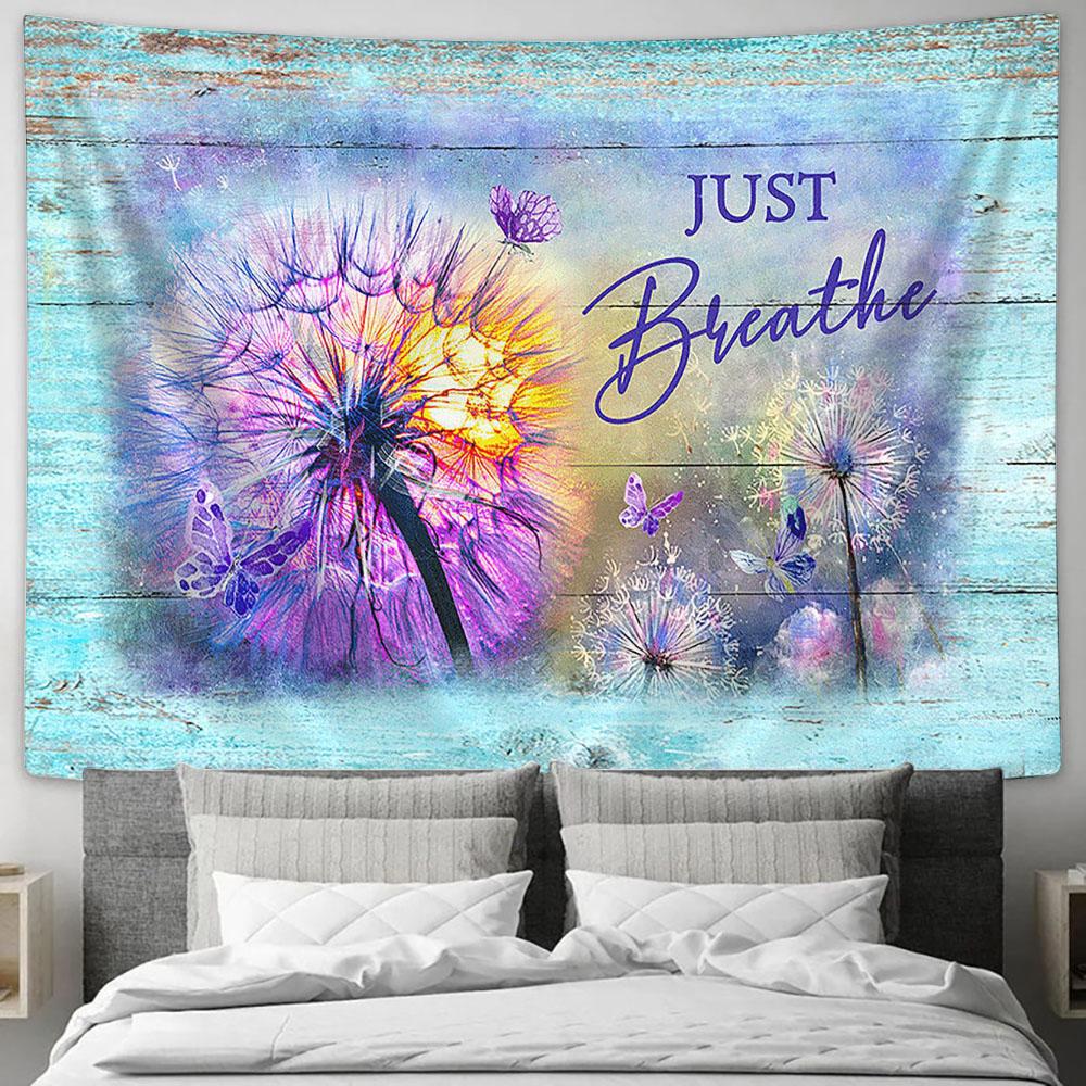 Colorful Dandelion Purple Butterfly Just Breathe Tapestry Wall Art - Bible Verse Tapestry - Religious Tapestry Wall Hanging