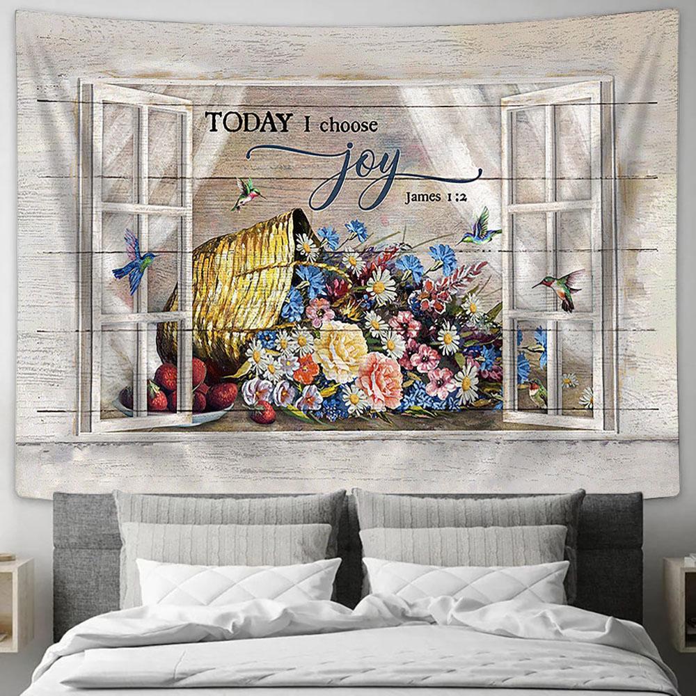 Colorful Flower Hummingbird Today I Choose Joy Tapestry Wall Art - Bible Verse Tapestry - Religious Tapestry Wall Hanging