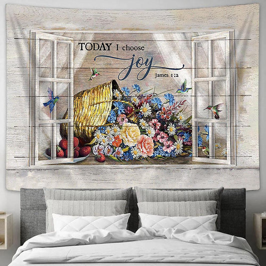 Colorful Flower Hummingbird Today I Choose Joy Tapestry Wall Art - Bible Verse Tapestry - Religious Tapestry Wall Hanging