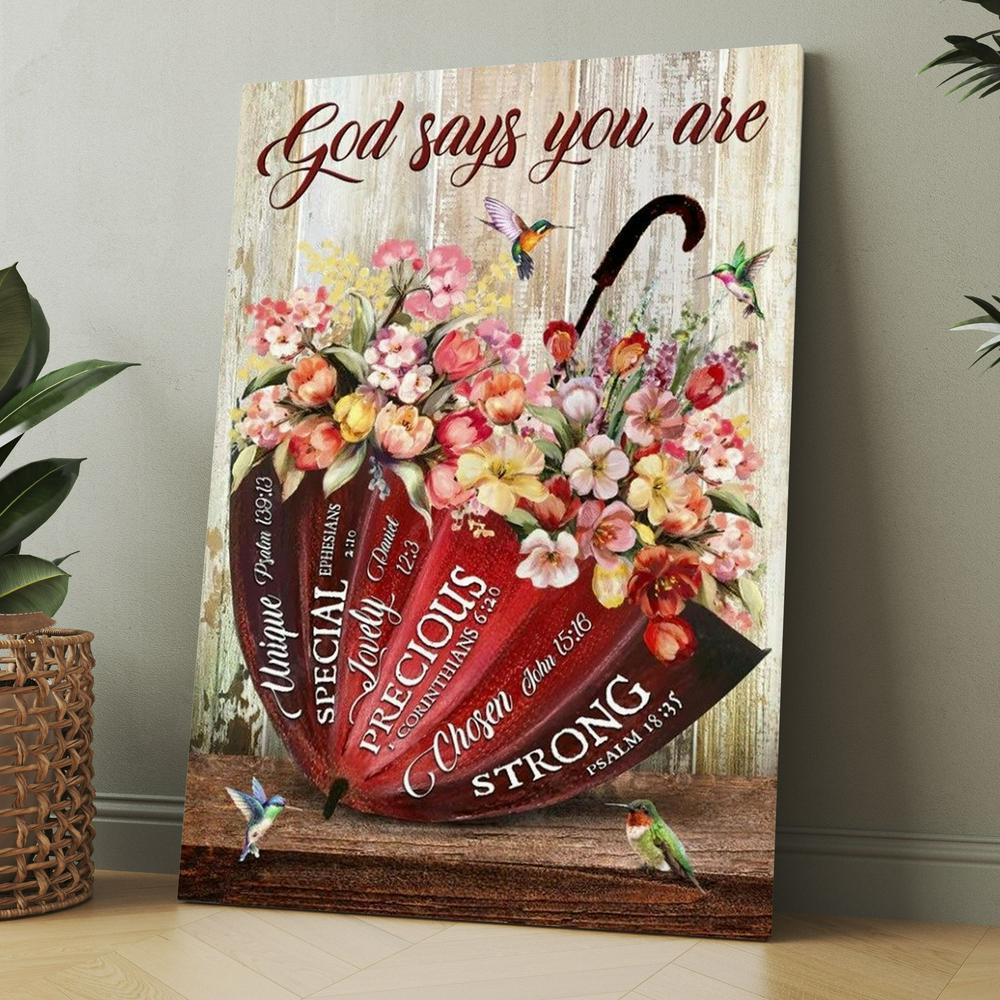 Colorful Flowers, Red Umbrella, God Says You Are Canvas, Christmas Gift for Christian