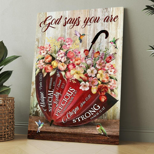 Colorful Flowers, Red Umbrella, God Says You Are Canvas, Christmas Gift for Christian