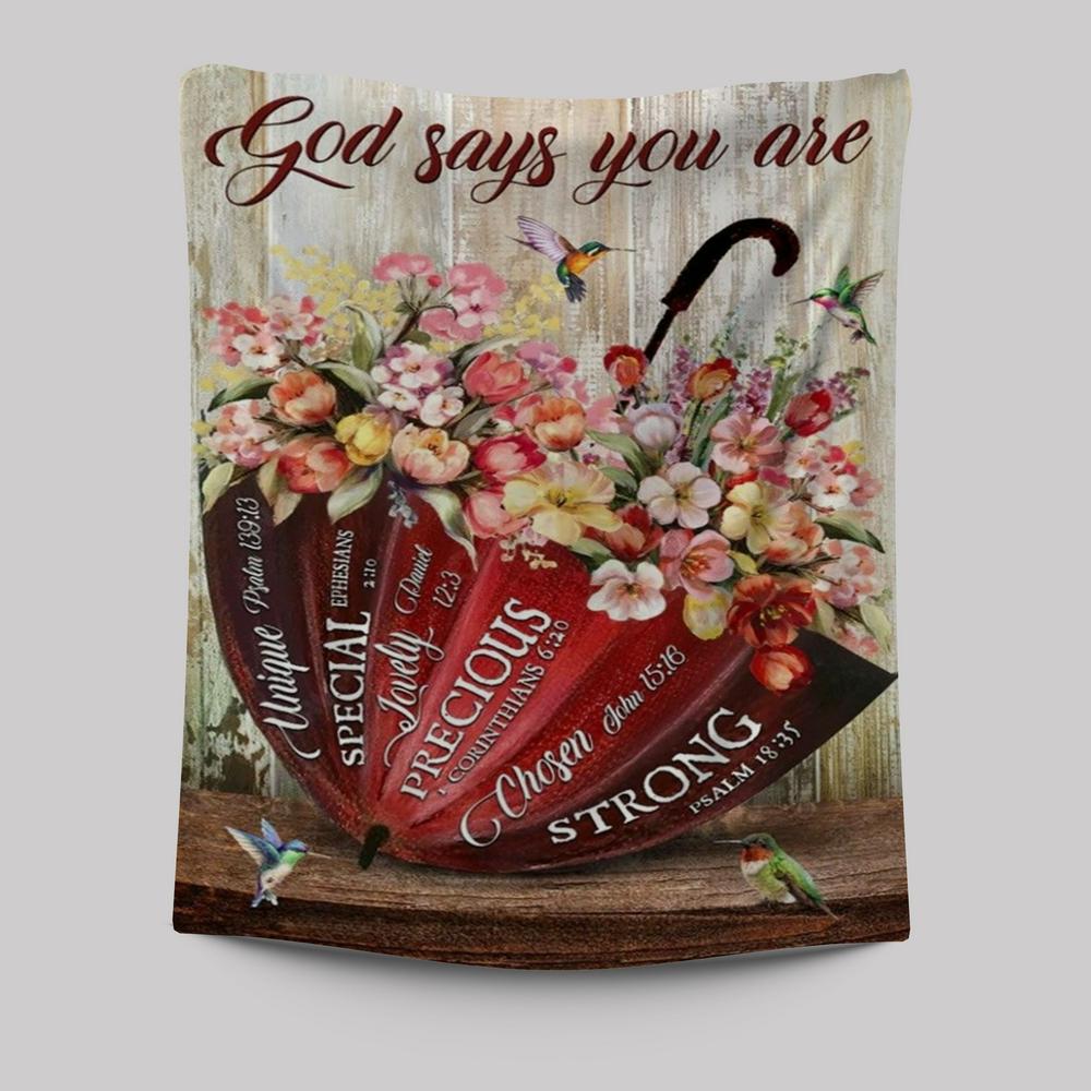 Colorful Flowers, Red Umbrella, God Says You Are Tapestry