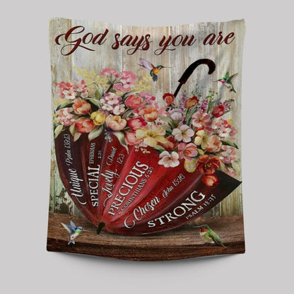 Colorful Flowers, Red Umbrella, God Says You Are Tapestry