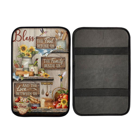 Colorful Kitchen, Hummingbird, Bless The Food Before Us Car Center Console Cover, Car Armrest Pad, Christian Gift, Armrest Box Mat