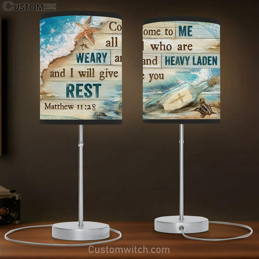 Come To Me All Who Are Weary And Heavy Laden And I Will Give You Rest Beach Cross Large Table Lamb Art - Christian Table Lamb Prints