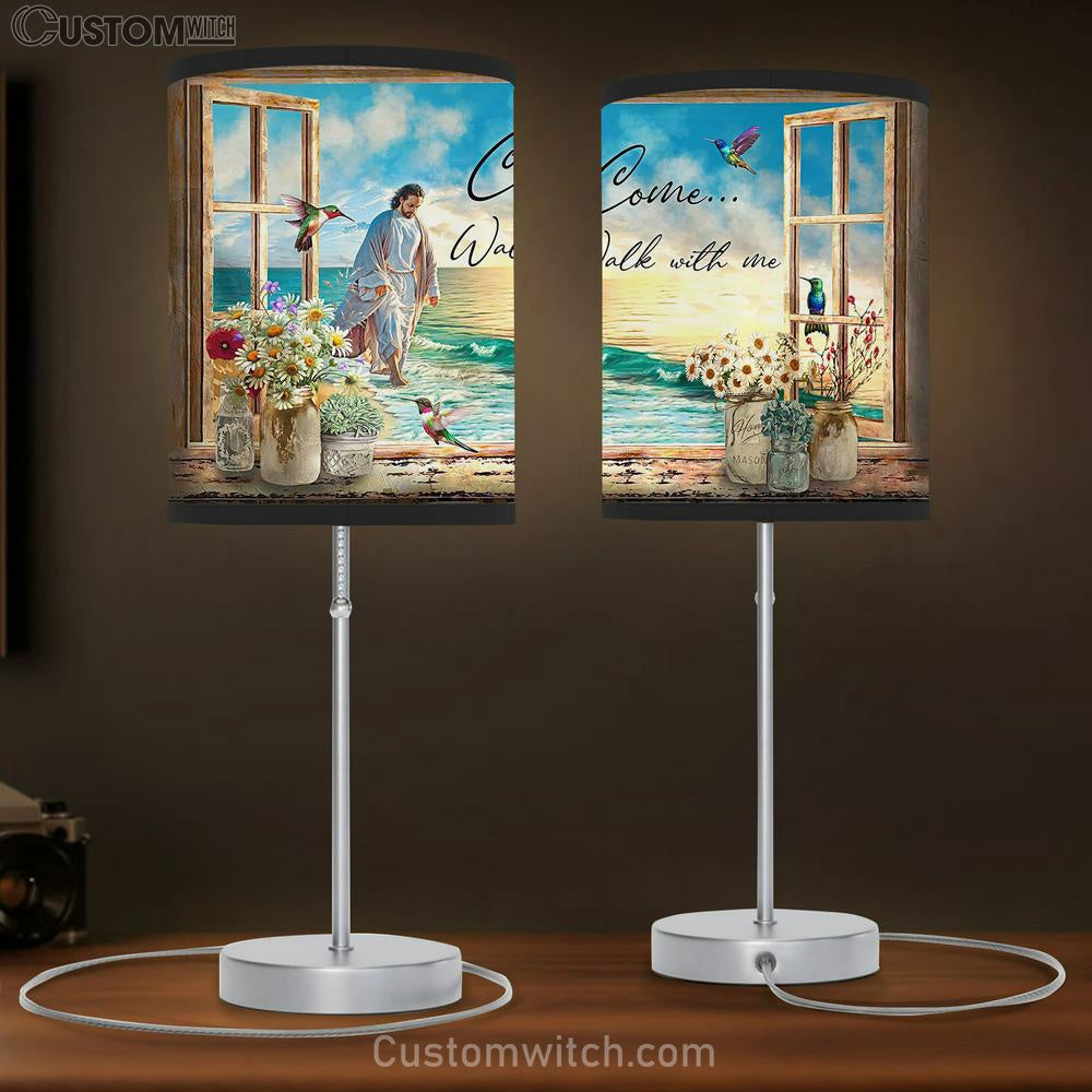 Come Walk With Me Table Lamb Gift - Jesus Walks On The Beach - Jesus Christ Table Lamb - Christian Table Lamb Prints