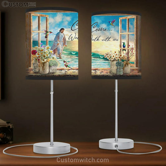 Come Walk With Me Table Lamb Gift - Jesus Walks On The Beach - Jesus Christ Table Lamb - Christian Table Lamb Prints