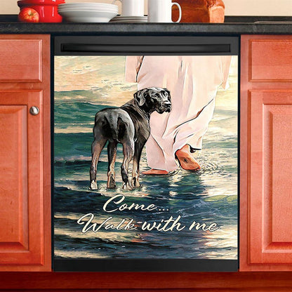 Come Walk With Me Dishwasher Cover, Great Dane And Jesus Walks On The Water Dishwasher Magnet Cover, Christian Kitchen Decor