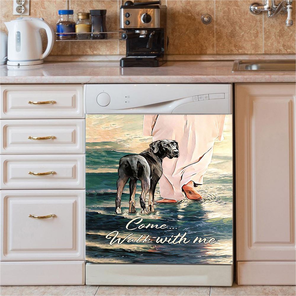 Come Walk With Me Dishwasher Cover, Great Dane And Jesus Walks On The Water Dishwasher Magnet Cover, Christian Kitchen Decor