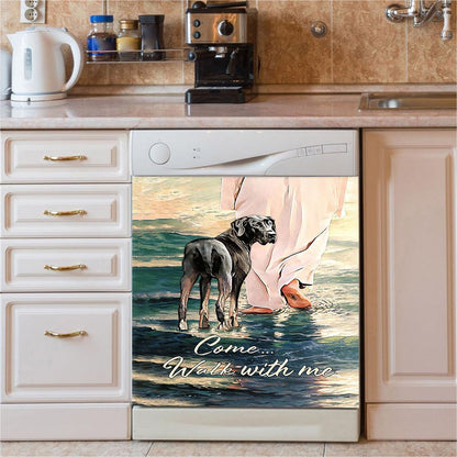 Come Walk With Me Dishwasher Cover, Great Dane And Jesus Walks On The Water Dishwasher Magnet Cover, Christian Kitchen Decor
