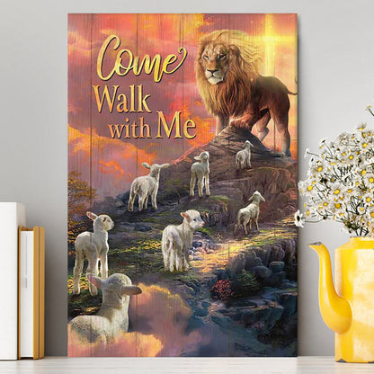 Come Walk With Me Lion And Lambs Canvas Art - Bible Verse Wall Art - Christian Inspirational Wall Decor