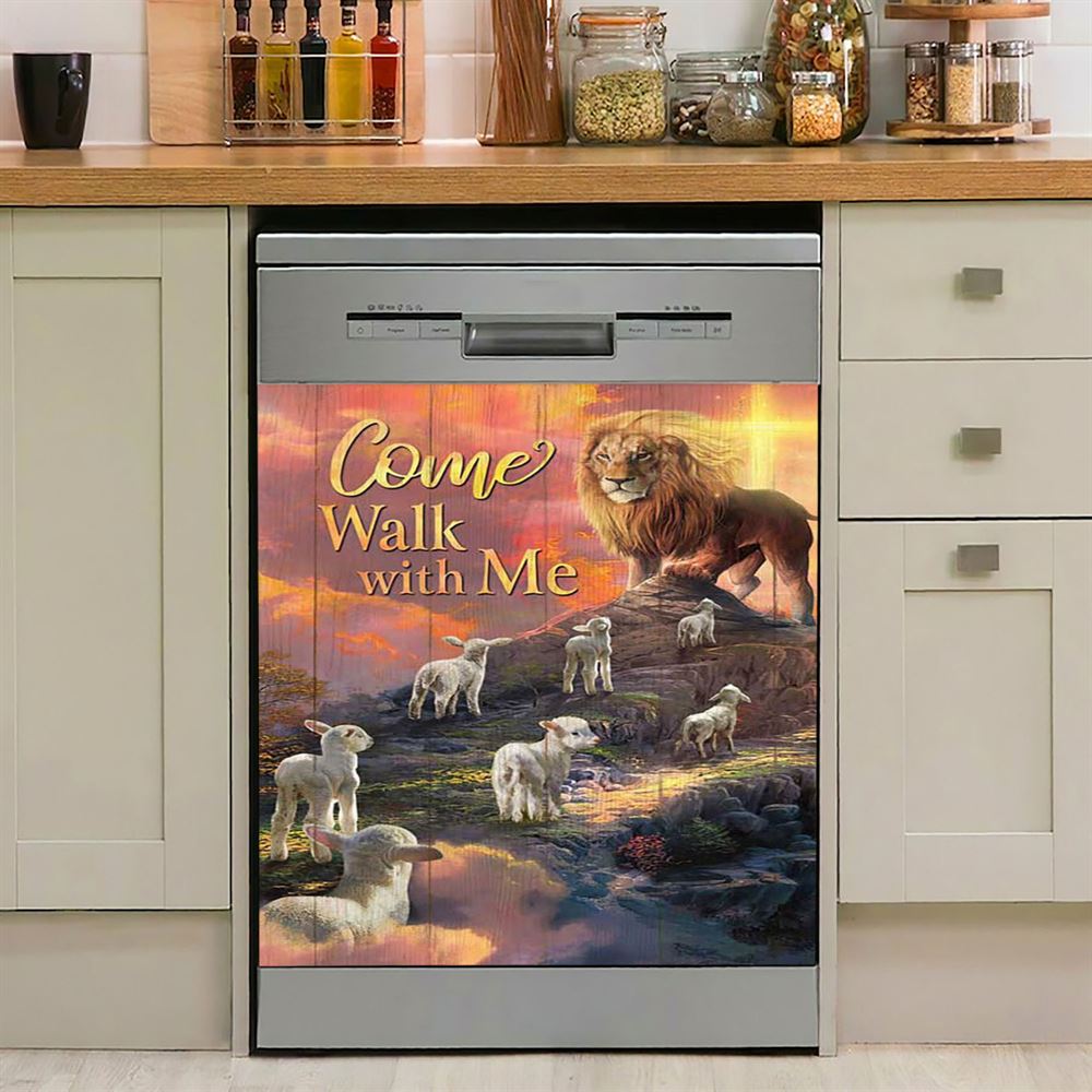 Come Walk With Me Lion And Lambs Dishwasher Cover, Bible Verse Dishwasher Magnet Cover, Christian Inspirational Kitchen Decor