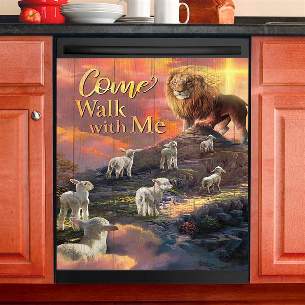 Come Walk With Me Lion And Lambs Dishwasher Cover, Bible Verse Dishwasher Magnet Cover, Christian Inspirational Kitchen Decor