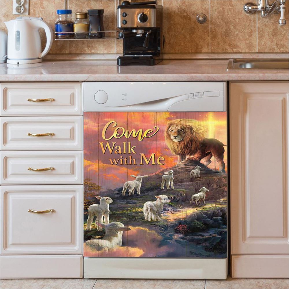 Come Walk With Me Lion And Lambs Dishwasher Cover, Bible Verse Dishwasher Magnet Cover, Christian Inspirational Kitchen Decor
