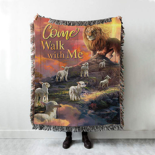 Come Walk With Me Lion And Lambs Woven Blanket Art - Bible Verse Throw Blanket - Christian Inspirational Boho Blanket