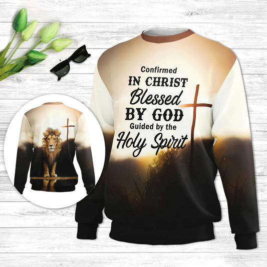 Confirmed In Christ Cross And Lion Ugly Christmas Sweater - Christian Unisex Sweater - Religious Christmas Gift