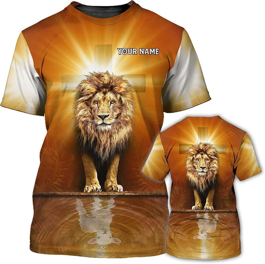 Cool Lion With Light Cross Custom Name All Over Print 3D T-Shirt, Gift For Christian, Jesus Shirt