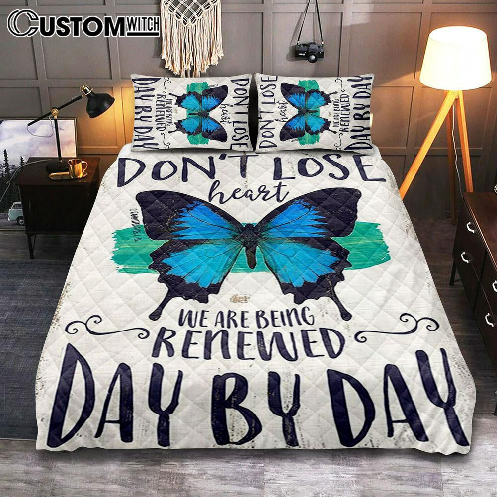 Corinthians 1 16 Don't Lose Heart Quilt Bedding Set - Blue Butterfly Bedroom - Christian Gift For Women