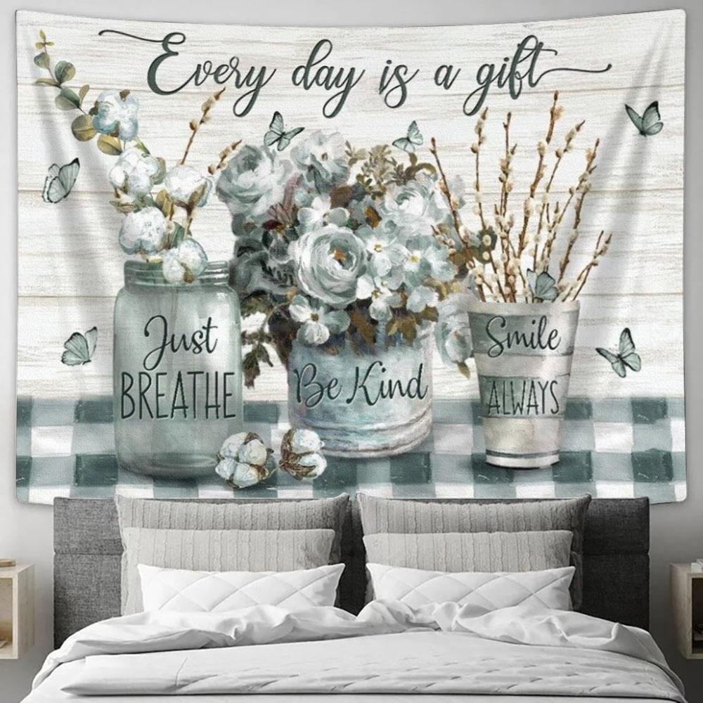 Cotton Flower Butterfly Every Day Is A Gift Tapestry, Tapestries for Living Room Bedroom