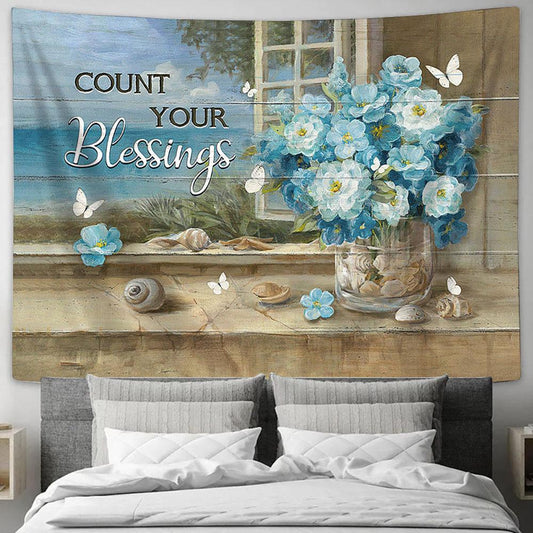 Count your blessings Flower bouquet White Butterfly Tapestry Wall Art - Bible Verse Tapestry - Religious Tapestry Wall Hanging