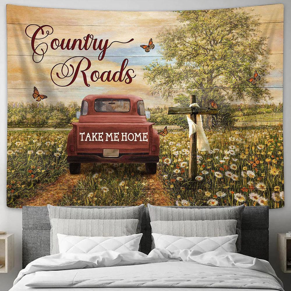 Country Roads Take Me Home Dandelion Field Ladybug Car Tapestry Wall Art - Bible Verse Tapestry - Religious Tapestry Wall Hanging