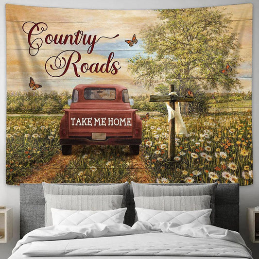 Country Roads Take Me Home Dandelion Field Ladybug Car Tapestry Wall Art - Bible Verse Tapestry - Religious Tapestry Wall Hanging