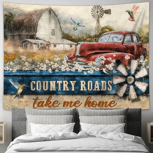 Country Roads Take Me Home Hummingbird Old Car Tapestry, Tapestries for Living Room Bedroom