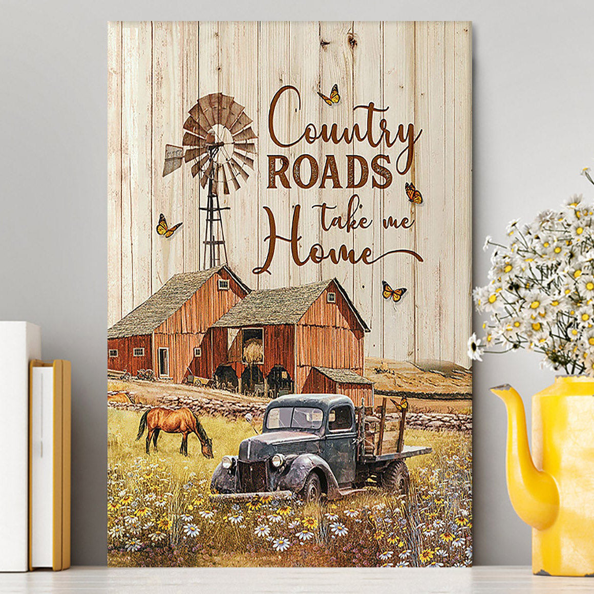Country Roads Take Me Home Ladybug Car Horse Canvas Wall Art - Christian Wall Canvas - Gift For Horse Lover