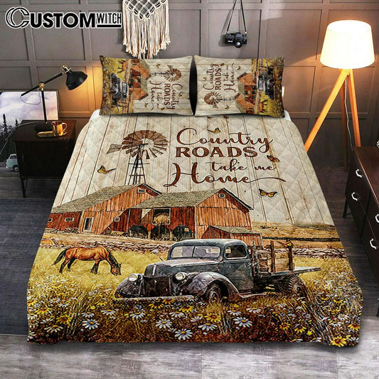 Country Roads Take Me Home Ladybug Car Horse Quilt Bedding Set Bedroom - Christian Cover Twin Bedding Quilt Bedding Set - Gift For Horse Lover