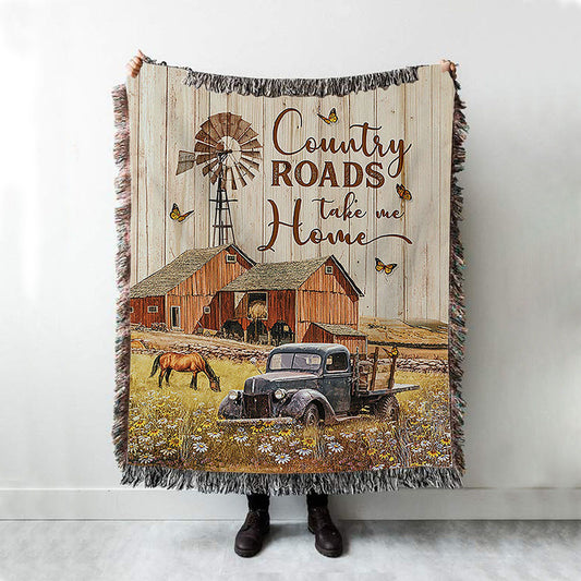 Country Roads Take Me Home Ladybug Car Horse Woven Throw Blanket - Christian Wall Woven Blanket - Gift For Horse Lover