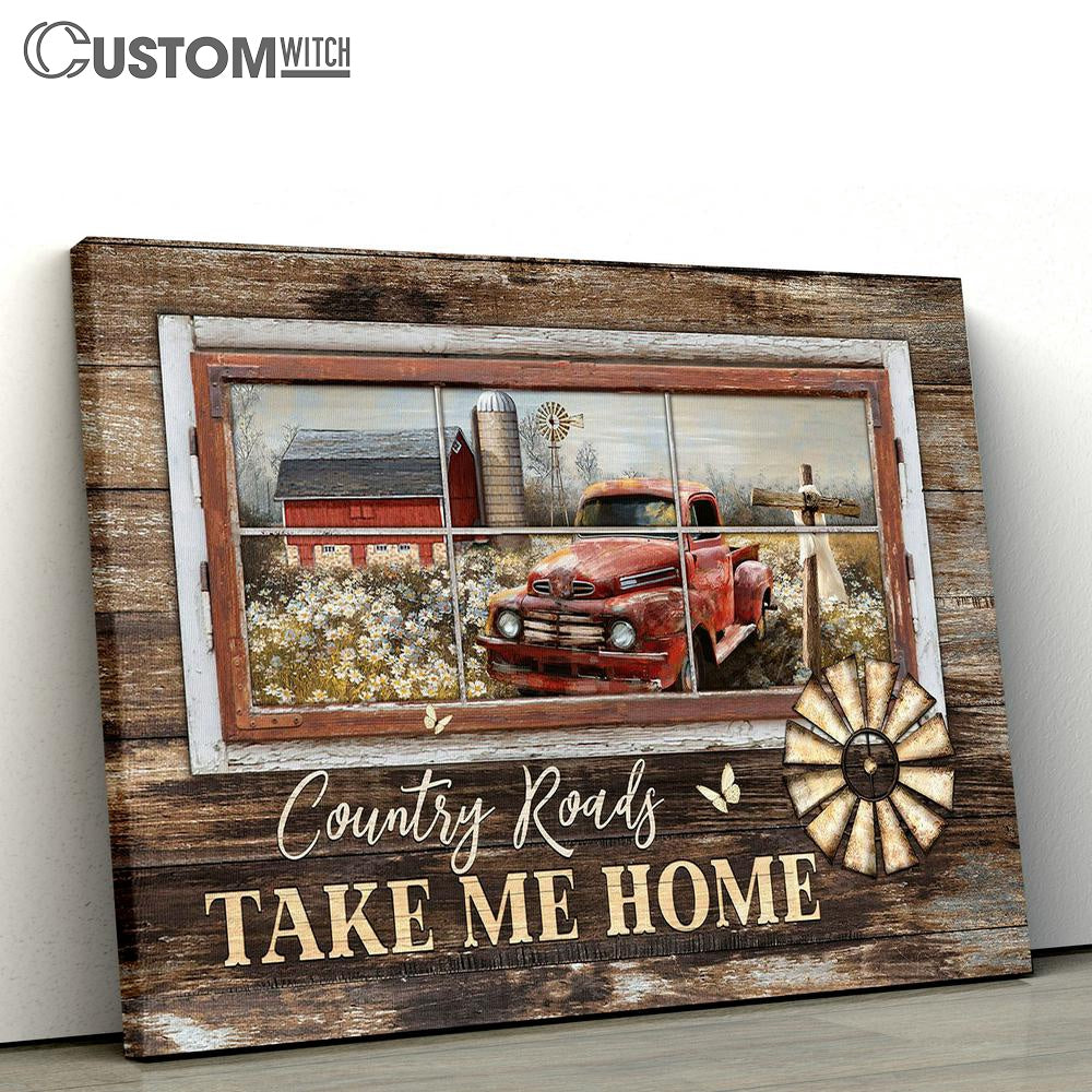 Country Roads Take Me Home Old Red Truck Wooden Cross Large Canvas - Christian Wall Art - Bible Verse Canvas Art