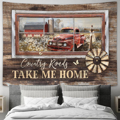 Country Roads Take Me Home Old Red Truck Wooden Cross Large Tapestry - Christian Wall Art - Bible Verse Tapestry Art