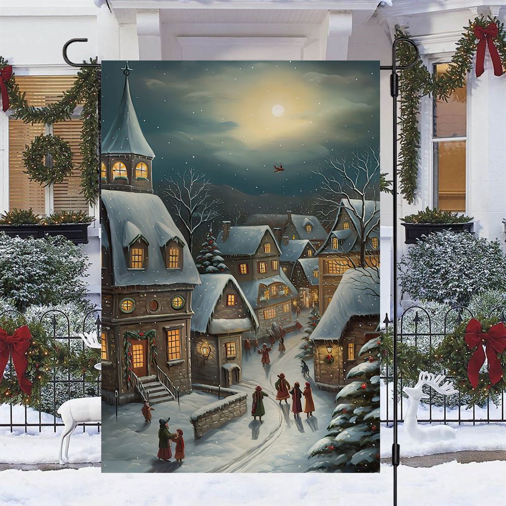 Country Village Scene Covered Snow Flag, Christmas Garden Flag, Home Decor Accessories, Christmas Outdoor Decor Ideas