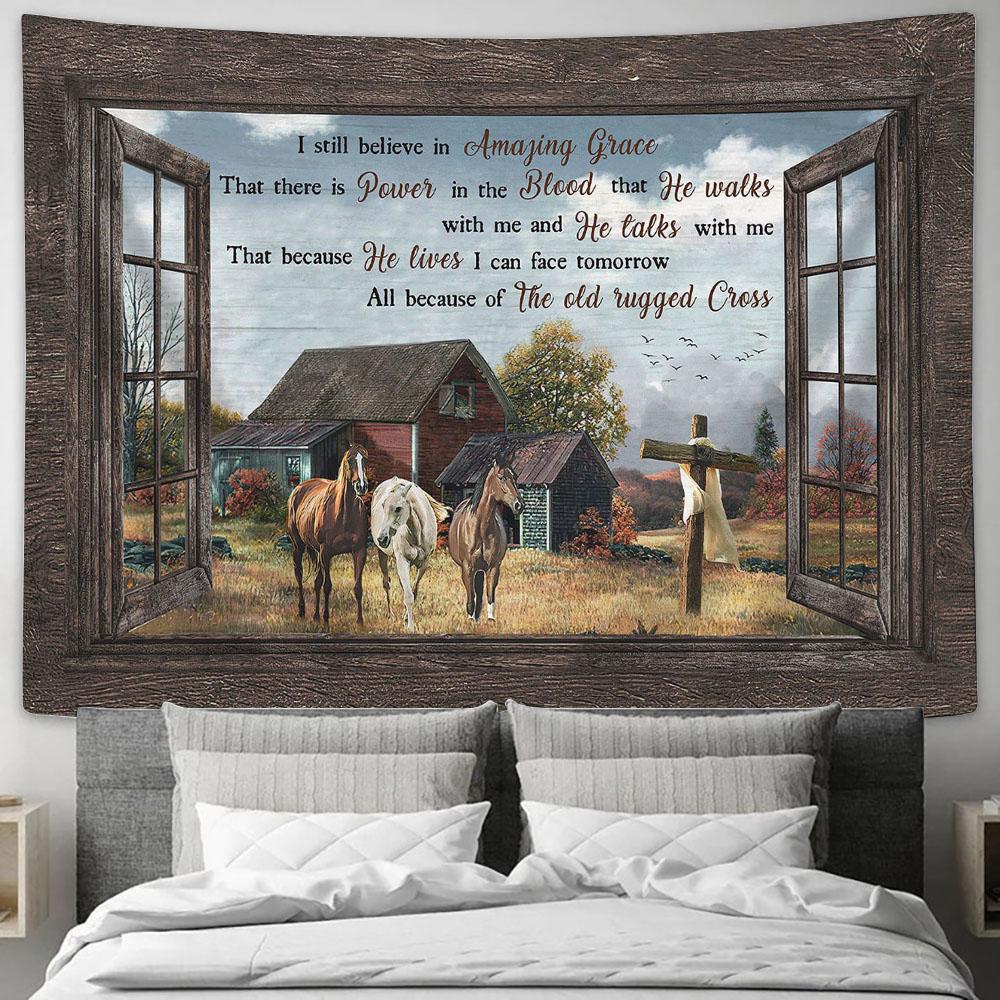 Countryside Horse I Still Believe In Grace Tapestry Wall Art - Bible Verse Tapestry - Religious Tapestry Wall Hanging
