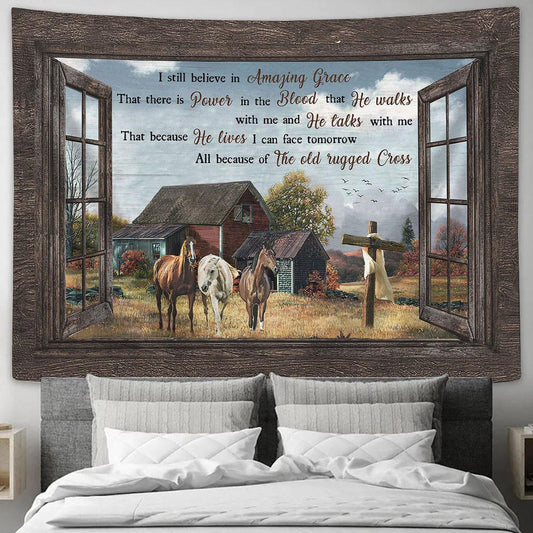 Countryside Horse I Still Believe In Grace Tapestry Wall Art - Bible Verse Tapestry - Religious Tapestry Wall Hanging