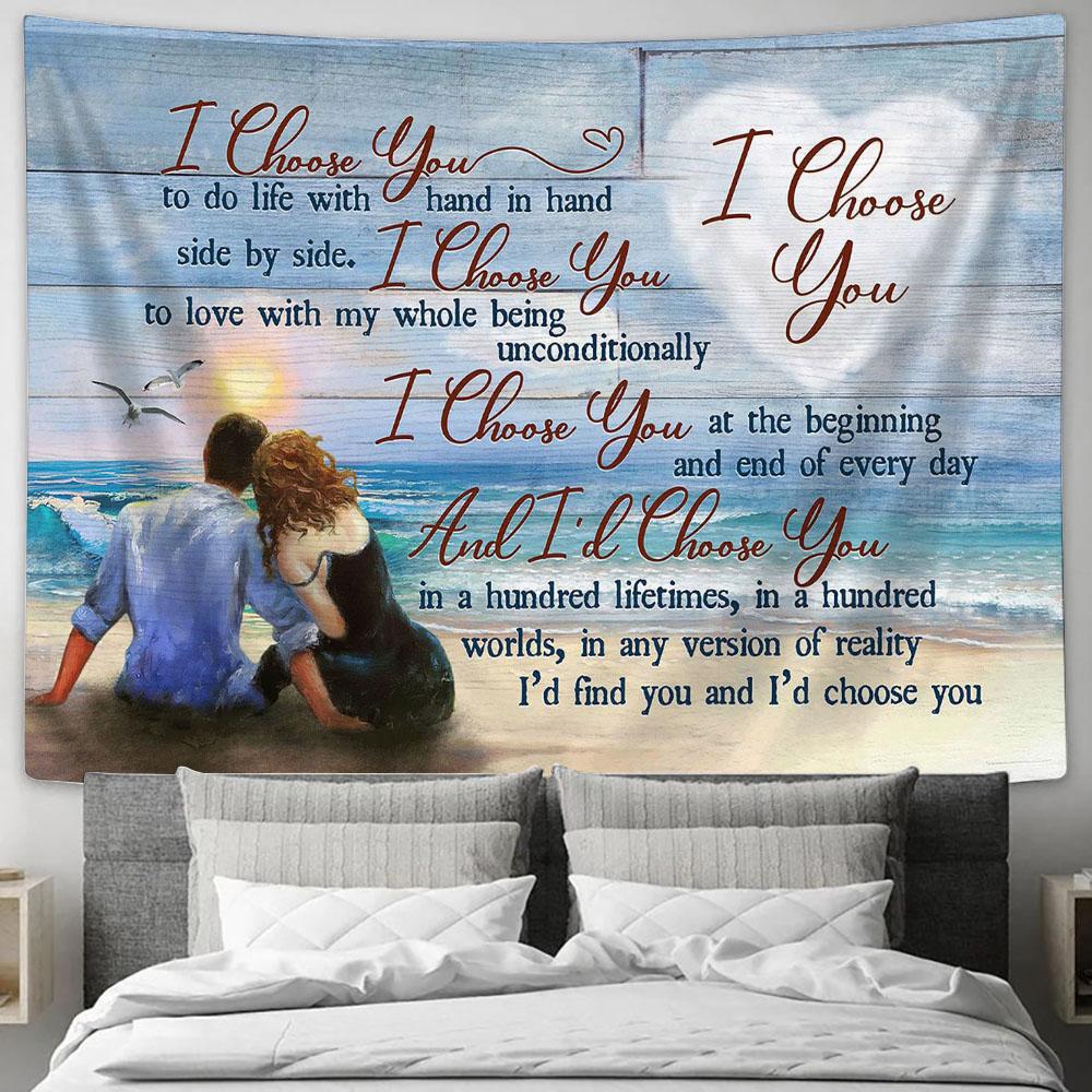 Couple Blue Ocean Sunset And I'd Choose You Tapestry Wall Art - Bible Verse Tapestry - Religious Tapestry Wall Hanging