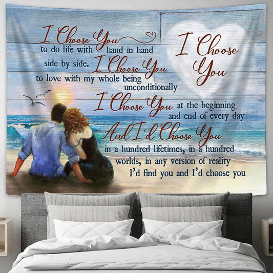 Couple Blue Ocean Sunset And I'd Choose You Tapestry Wall Art - Bible Verse Tapestry - Religious Tapestry Wall Hanging