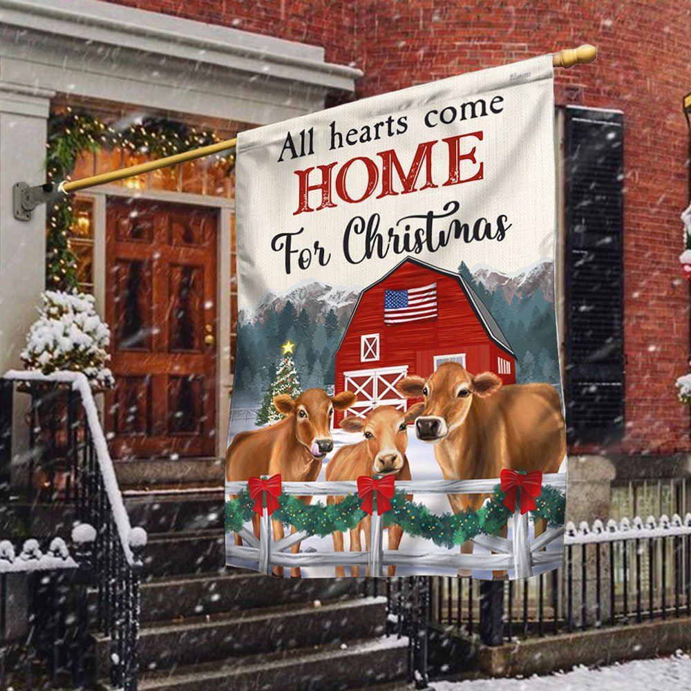 Cow Christmas Flag All Hearts Come Home For Christmas Cattle Jersey Flag, Christmas Garden Flag, Home Decor Accessories, Christmas Outdoor Decor Ideas