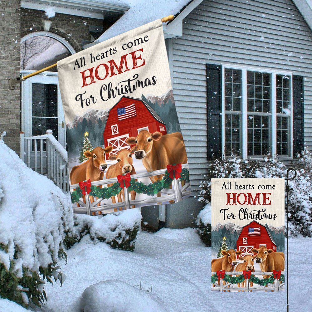 Cow Christmas Flag All Hearts Come Home For Christmas Cattle Jersey Flag, Christmas Garden Flag, Home Decor Accessories, Christmas Outdoor Decor Ideas