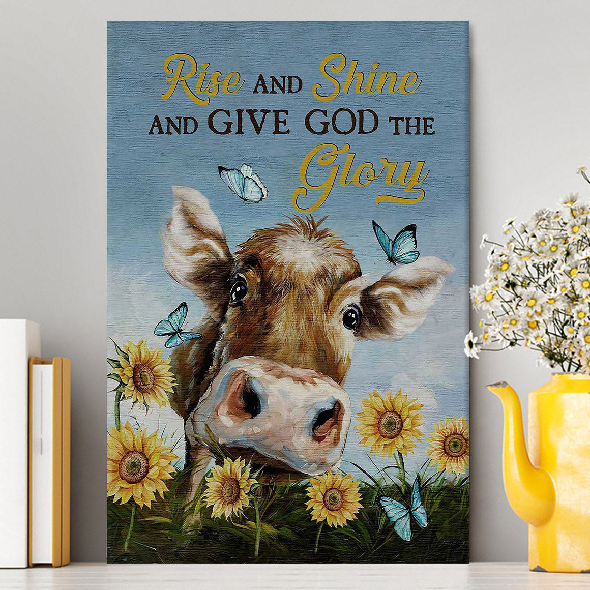 Cow Sunflower Field Rise And Shine Canvas Art - Christian Art - Bible Verse Wall Art - Religious Home Decor