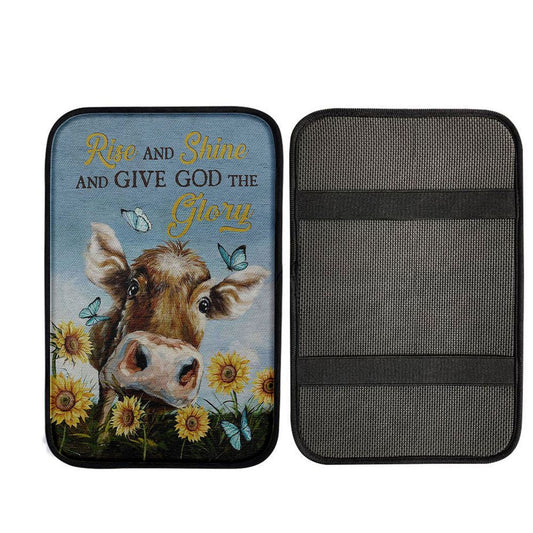 Cow Sunflower Field Rise And Shine Car Center Console Cover, Christian Car Armrest Accessories