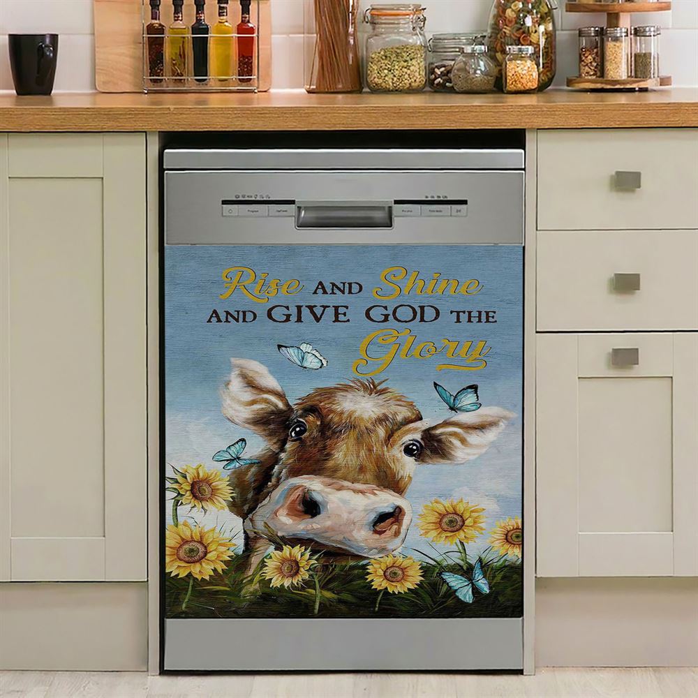 Cow Sunflower Field Rise And Shine Dishwasher Cover, Christian Dishwasher Magnet Cover, Bible Verse Kitchen Decor