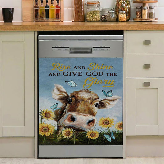 Cow Sunflower Field Rise And Shine Dishwasher Cover, Christian Dishwasher Magnet Cover, Bible Verse Kitchen Decor