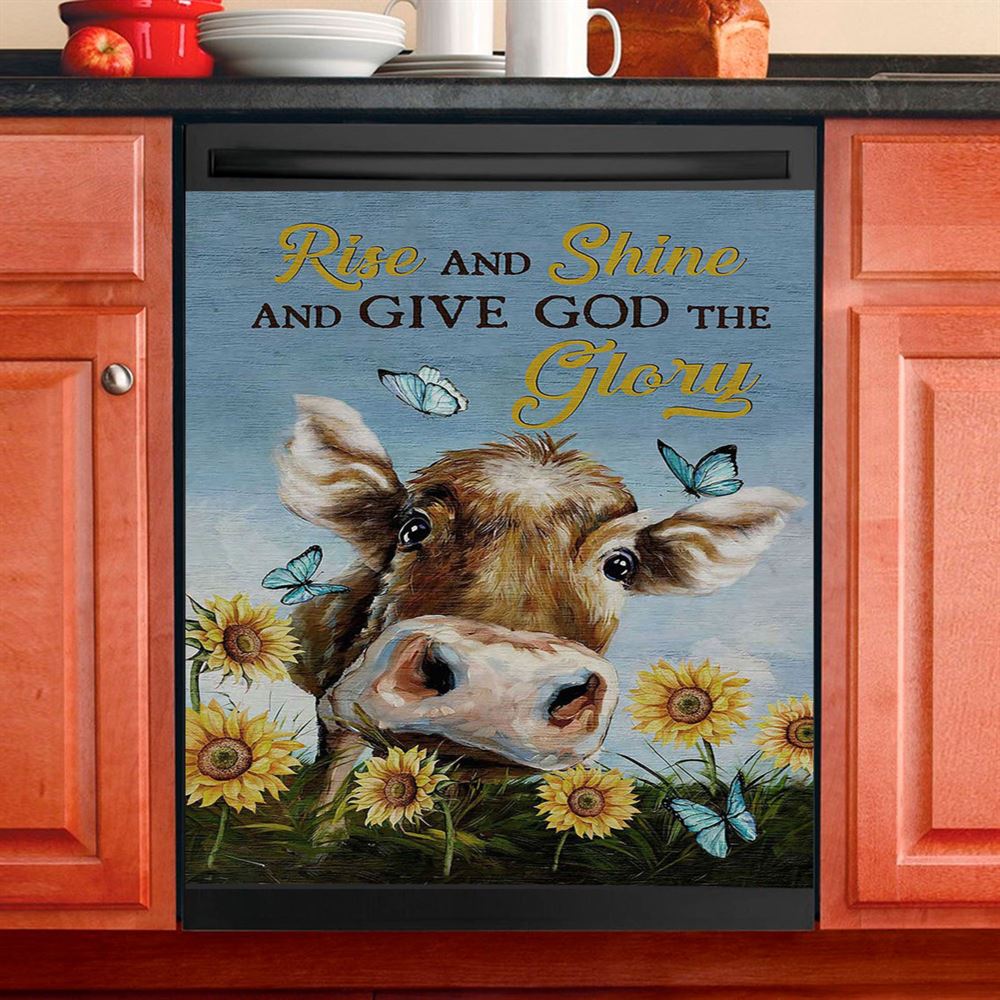 Cow Sunflower Field Rise And Shine Dishwasher Cover, Christian Dishwasher Magnet Cover, Bible Verse Kitchen Decor