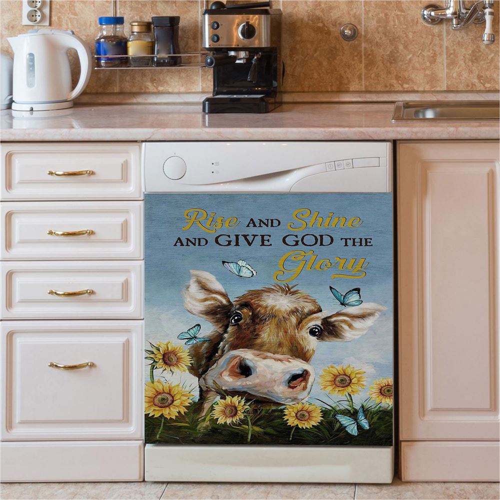 Cow Sunflower Field Rise And Shine Dishwasher Cover, Christian Dishwasher Magnet Cover, Bible Verse Kitchen Decor