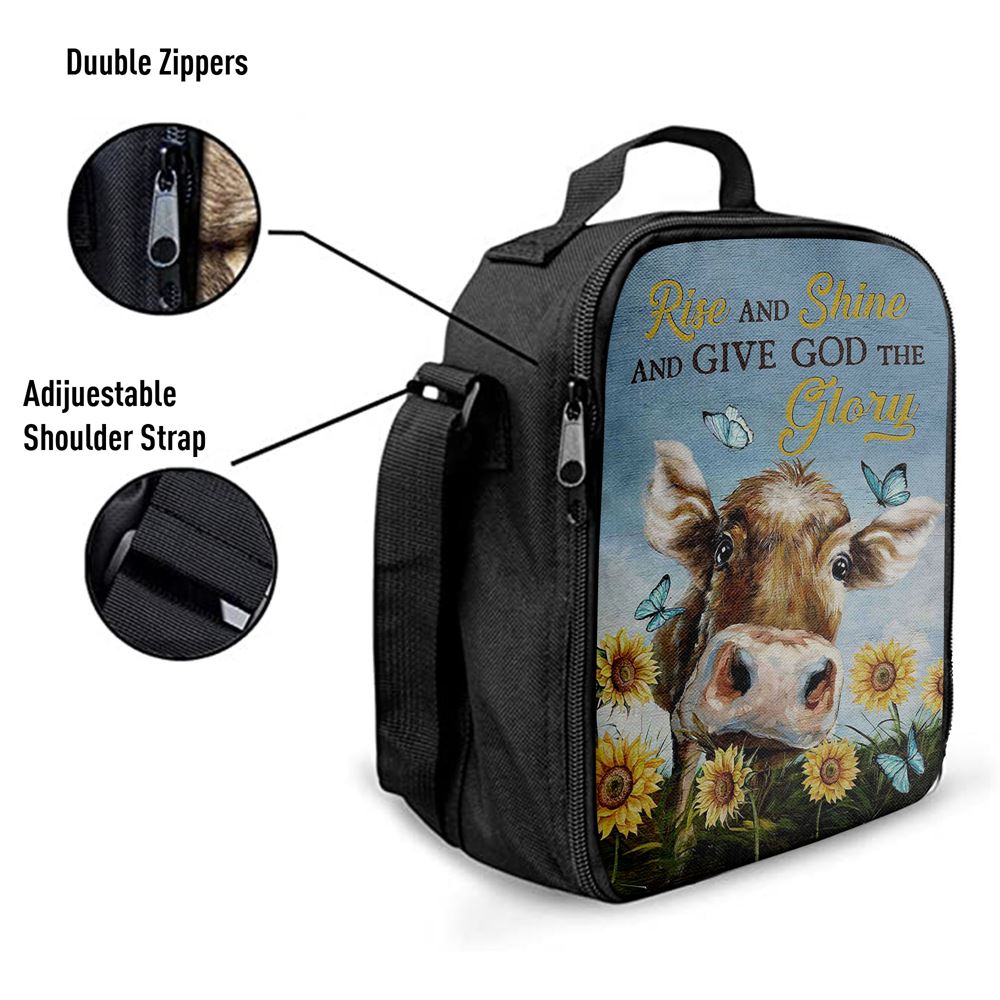 Cow Sunflower Field Rise And Shine Lunch Bag, Christian Lunch Bag For School, Picnic, Religious Lunch Bag