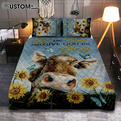 Cow Sunflower Field Rise And Shine Quilt Bedding Set Art - Christian Art - Bible Verse Bedroom - Religious Home Decor