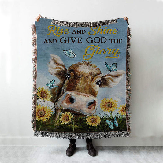 Cow Sunflower Field Rise And Shine Woven Blanket Art - Christian Art - Bible Verse Throw Blanket - Religious Home Decor